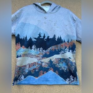 Blue and Gray V-Neck Sweater Hoodie with Scenic Design Size Medium